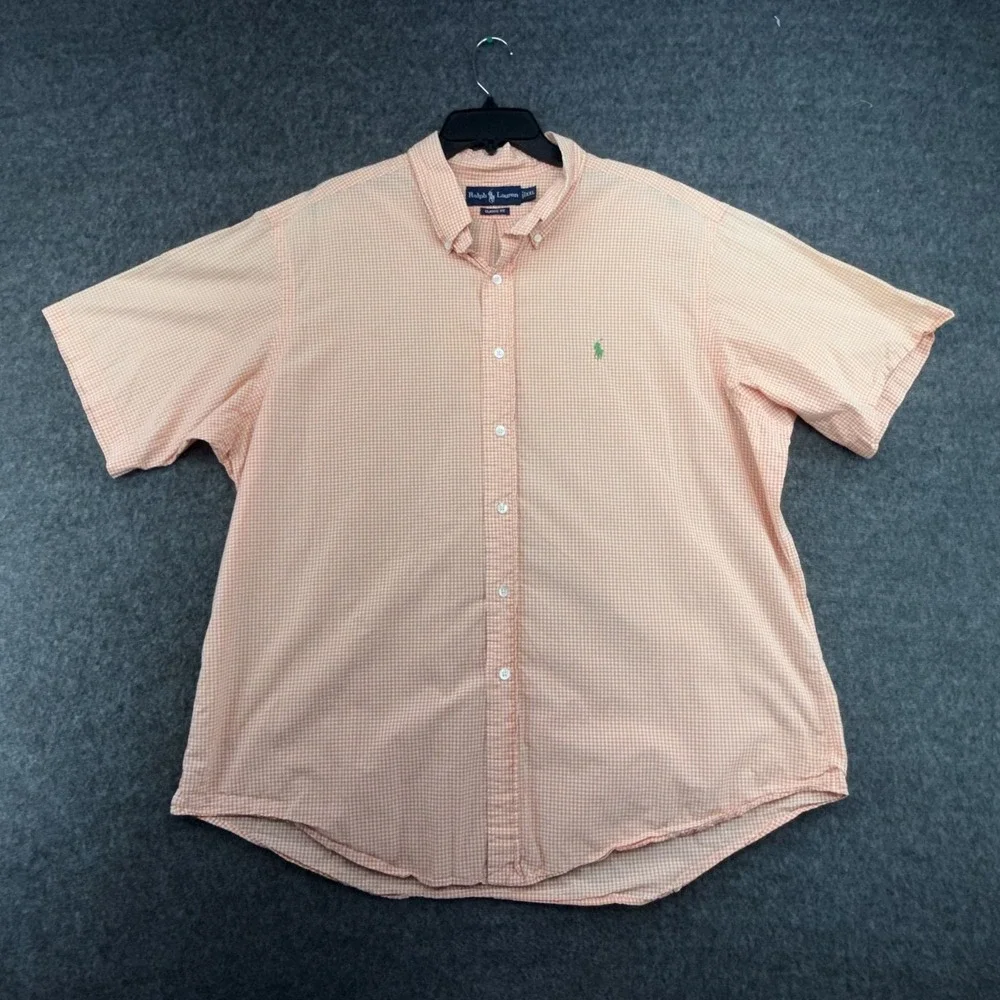 Polo Ralph Lauren Mens XXL Orange Gingham Cotton Button Up Short Sleeve Shirt